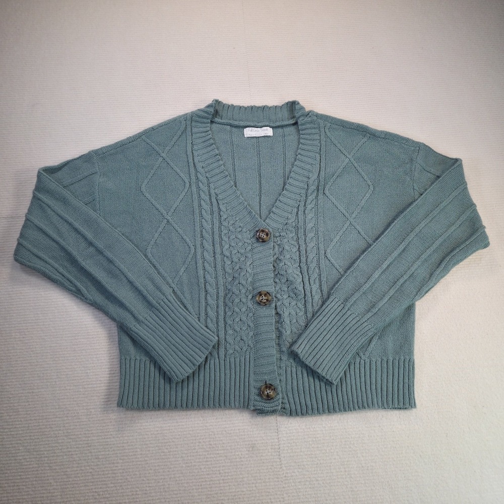 Full Circle Trends Green Cable-Knit Button V-Neck Cardigan Sweater Women's Large